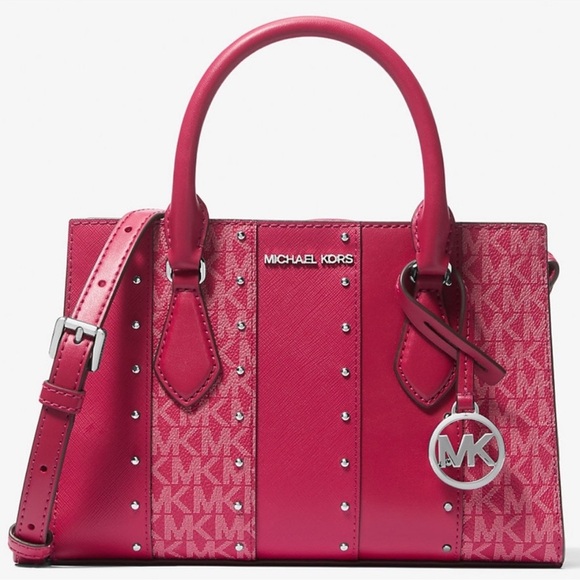 Michael Kors Sheila Small Studded Patchwork and Signature Logo Satchel Raspberry - Picture 1 of 11